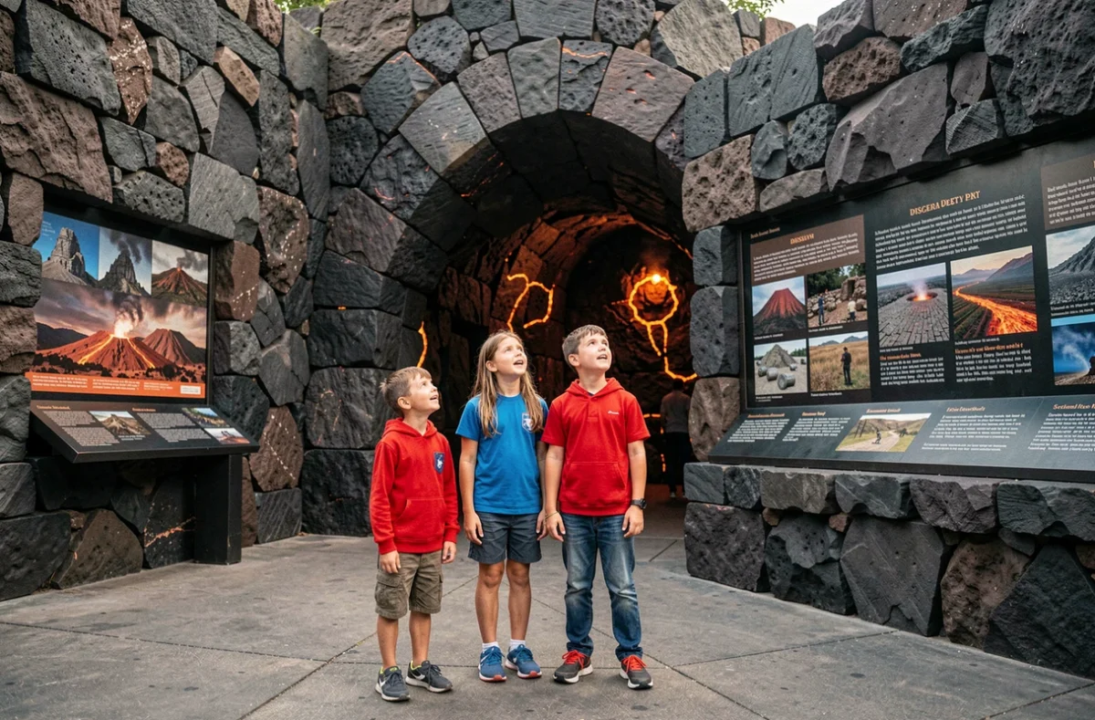 Famille découvrant l'entrée imposante de Vulcania, parc européen du volcanisme dans le Puy-de-Dôme
