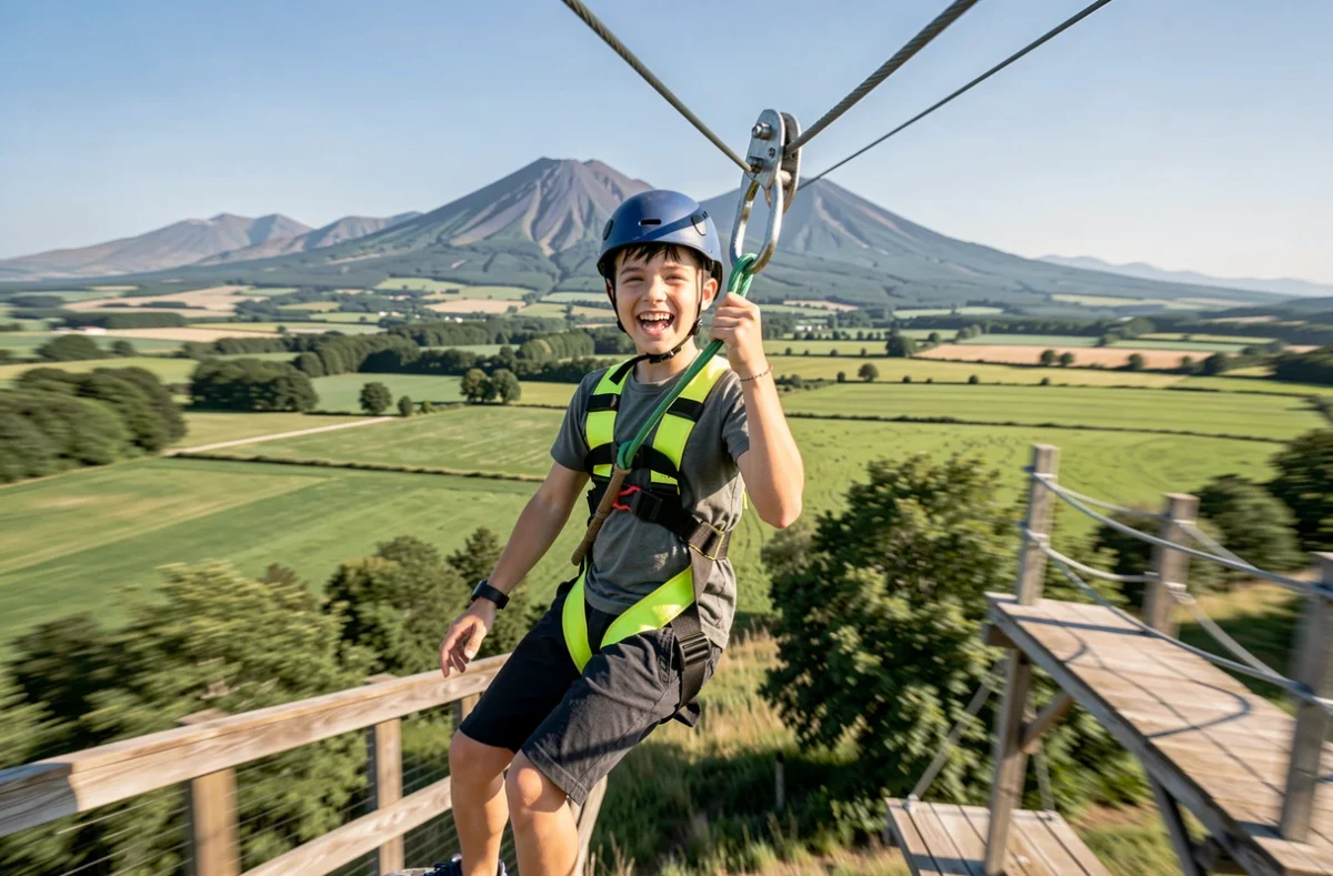 Adolescent sur une tyrolienne à Xtrem Aventures Cournon, parc d'aventure extrême dans le Puy-de-Dôme